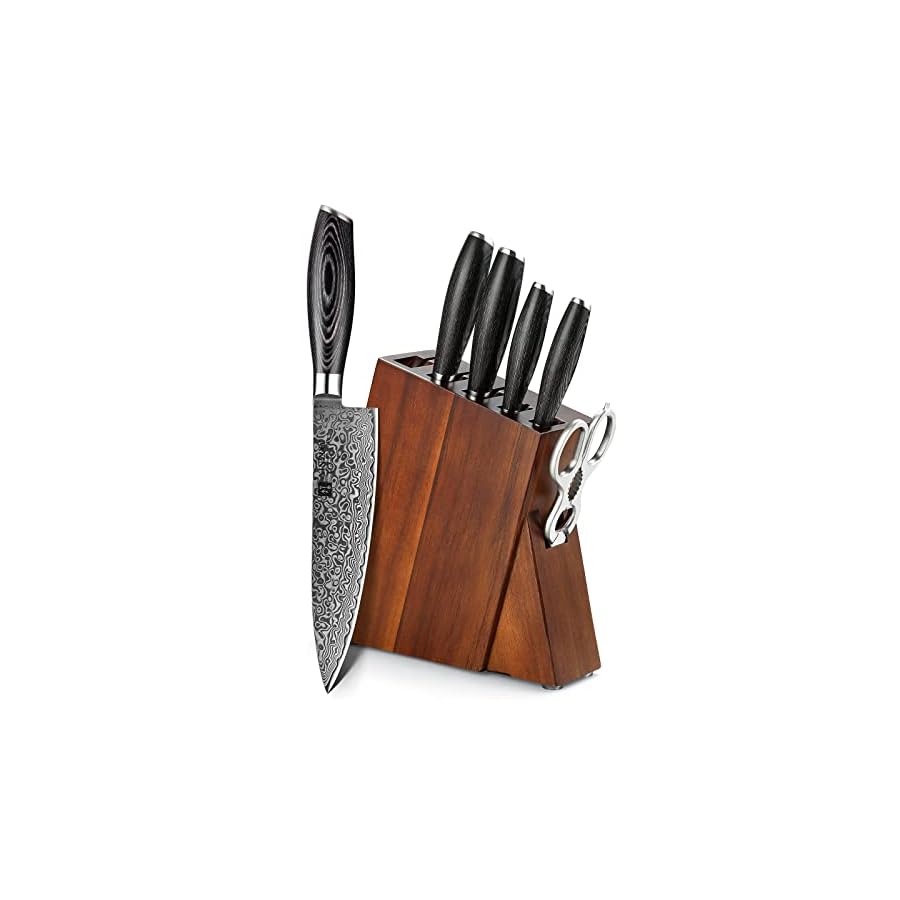 XINZUO Kitchen Knife Block Set, 7-Piece Damascus Chef Knife Set for Professional Chefs and Home Cooking, Japense Kitchen Knife Set with Kitchen Shears, Pakkawood Handle, Gift Box - Ya Series