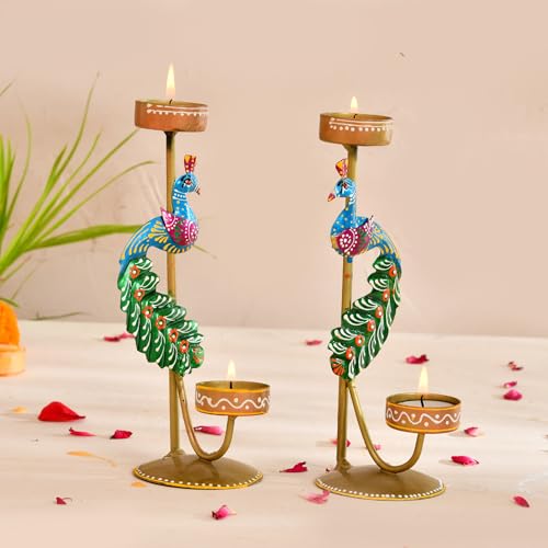 Image of CraftVatika Metal Peacock Candle Holder Set of 2 - Perfect House Decoration Diwali Gifting Items, Handpainted Tealight Candle Holders for Home Christmas Decor (21.5 CM Height)