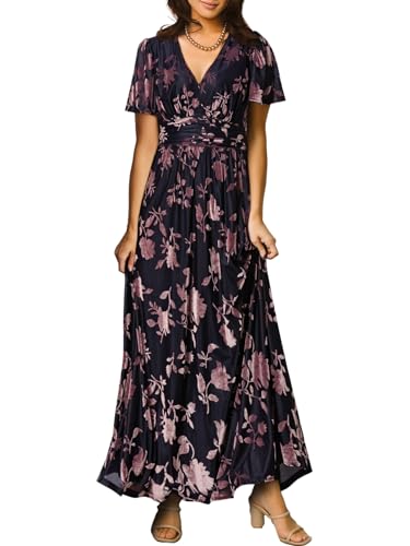 Image of Simplee Women's V Neck Velvet Maxi Dress Short Sleeve Empire Waist Long Formal Dress for Wedding Guest