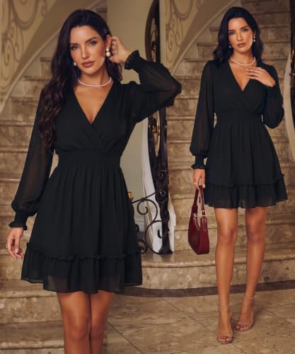Image of Prettywear Women's Chiffon Long Sleeve Wrap Neck Wedding Guest Mini Dress | Wrap V Neck Smocked Waist Flowy Dress, Spring Fall Outfits for Cocktail, Vacation, Date Night Party