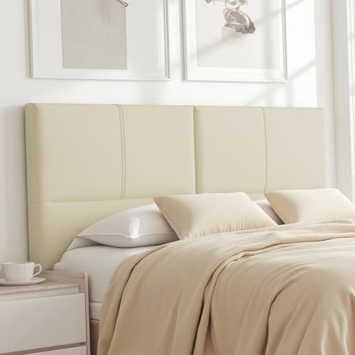Vinahomar Upholstered Headboard Queen Size, Solid Wood Head Board with Sturdy Metal Legs, Leather Bed Headboard with Height Adjustable, Beige