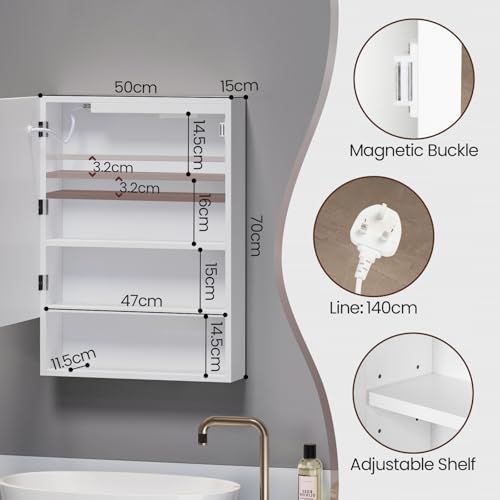 BELIWIN Bathroom Mirror Cabinet 500 x 700 mm With LED Lights, Touch Control, 3 Colour Dimmable Illuminated Mirror, Wall Mounted Bathroom Storage with Demister Pad - Cosy Home Interiors BELIWIN Bathroom Mirror Cabinet 500 x 700 mm With LED Lights, Touch Control, 3 Colour Dimmable Illuminated Mirror, Wall Mounted Bathroom Storage with Demister Pad - Image 2