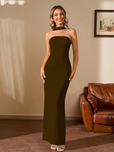 Image of HTZMO Women Elegant Summer Bodycon Maxi Dress Halter Neck Formal Wedding Guest Cocktail Party Long Dresses