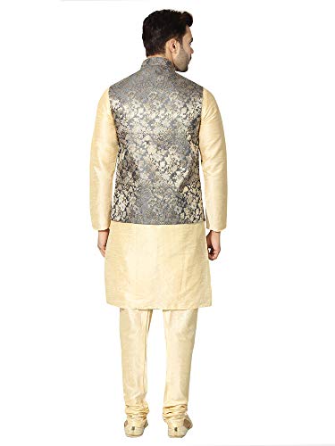 Image of Uri and MacKenzie Men's Silk Blend Regular Kurta Churidar Pyjama with Bundi Nehru Jacket /Waistcoat
