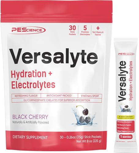 Image of PEScience Versalyte Electrolyte Hydration Packets, Sugar Free Electrolyte Powder with Magnesium, Taurine, Antioxidants, Trace Minerals, Low Sodium - Black Cherry, 30 Servings