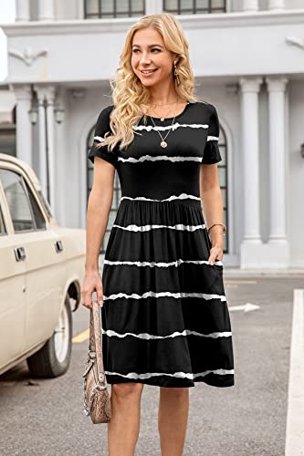 Db Moon Women Summer Casual Short Sleeve Dresses Empire Waist Dress With Pockets(Stripe Black, L) #TOP2