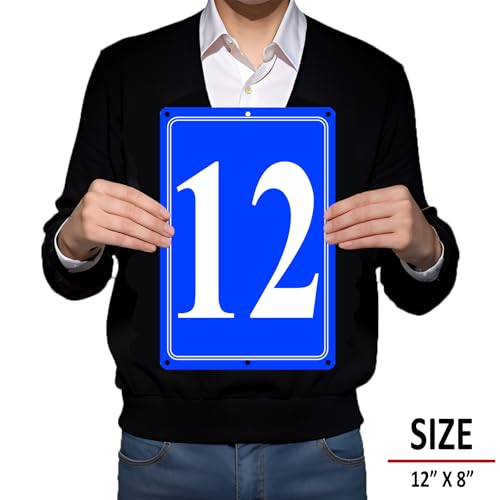 Image of Premium Aluminum Number Signs 12, Metal 12 inch X 8 inch Blue Numbered Signs Outdoor for Parking Lots, Floor, Dock, Court, Aisle, Field, High Visibility, No Fade, Weather-resistant