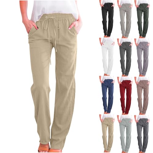Cotton Linen Pants for Women Dressy Casual High Waisted Drawstring Pant Causal Summer Straight Leg Lounge Trousers