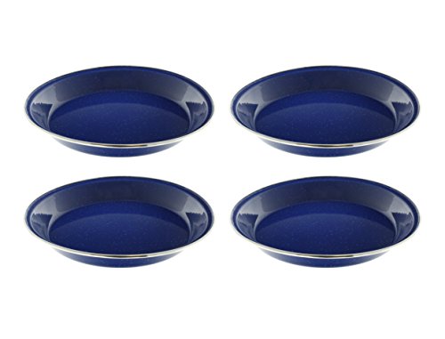 Camping Dinnerware 4-Person Set, 12 Items - 4 ea of 24 oz Mugs 6\" Bowls & 10\" Plates Metal w/ Blue Enamel Finish