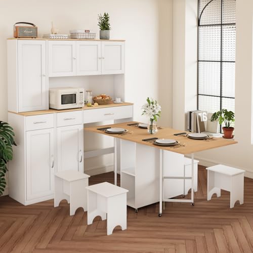 VOWNER 63” Folding Dining Table Set with 2 Tall Kitchen Pantry Storage Cabinet 71” H, with Drawers and Adjustable Shelves, Space Saving Wood Cupboard with Charging Station for Small Place, 4 Stools