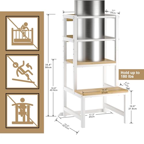 Image of INNOD Kitchen Step Stool for Toddlers, Height Adjustable Toddler Tower with Safety Rail, Steel and Wood Toddler Kitchen Stool Helper Kids, Stool for Kids, Learning Tower, Kids' Desk Wood White