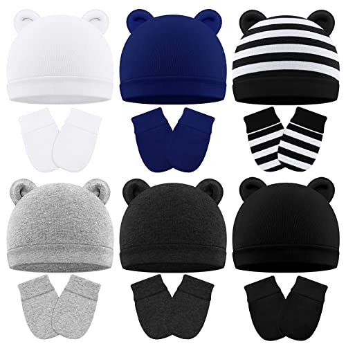 Image of URATOT 6 Sets Newborn Baby Hats Mittens Sets Unisex Cotton Bear Ears Infant Caps Beanie Hat No Scratch Mittens for 0-3 Months