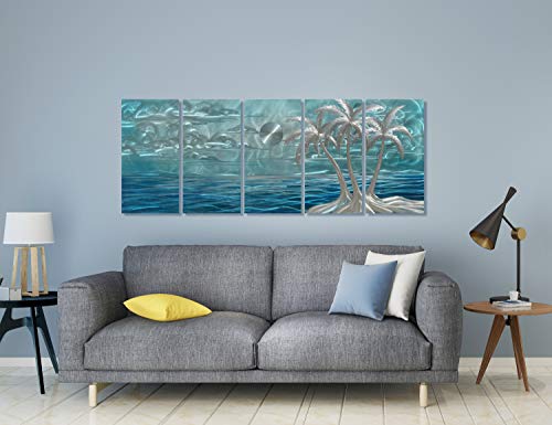 Batrendy Arts Modern Beach Metal Wall Art Decor 3D Silver Coconut Palm On The Shores Of Hawaii Blue Coast Hanging Sculptures Outdoor Or Indoor Tree Decorations #TOP4
