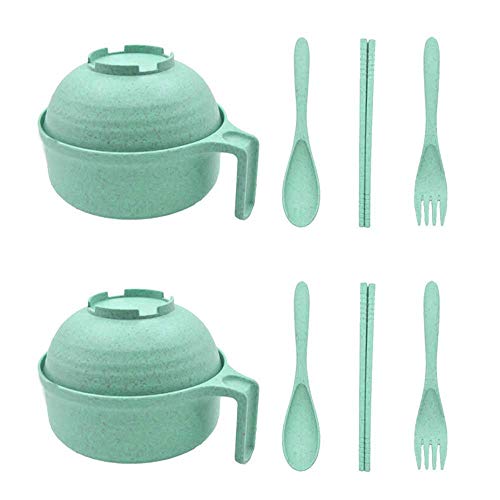 CUGBO 2 Pack Wheat Straw Bowls Sets-Unbreakable Degradable Large Instant Noodle Bowls with Lid and Handle, Student Children's Cutlery Set Cereal Bowls for Soup,Rice,Dessert and Salad (30 Oz, Green)