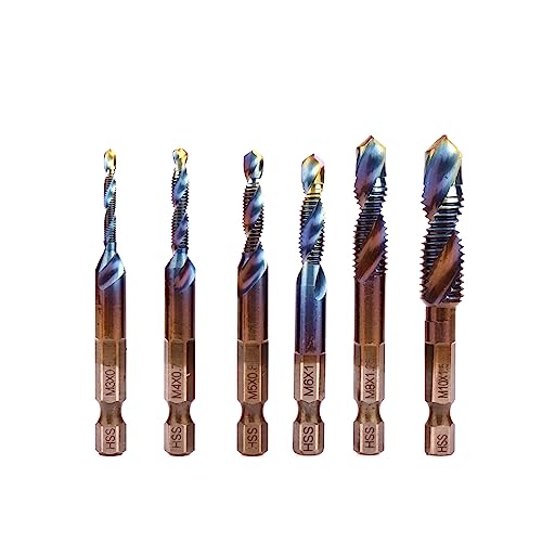 HSS 4341 Combination Tap Bit Set,HSS Screw Tap Kit,6PCS with M3 M4 M5 M6 M8 M10 HEX Shank Drill Bit (Blue Plus)