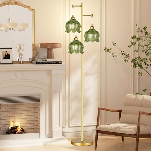 Image of QIYIZM Gold Floor Lamp for Living Room,Bedroom,Mid Century Modern Standing Lamp Brass Tree 3 Light Tall Floor Lamps Vintage Retro Floor Lights Glass Green Flower Lamp Shade Farmhouse Boho Bohemian