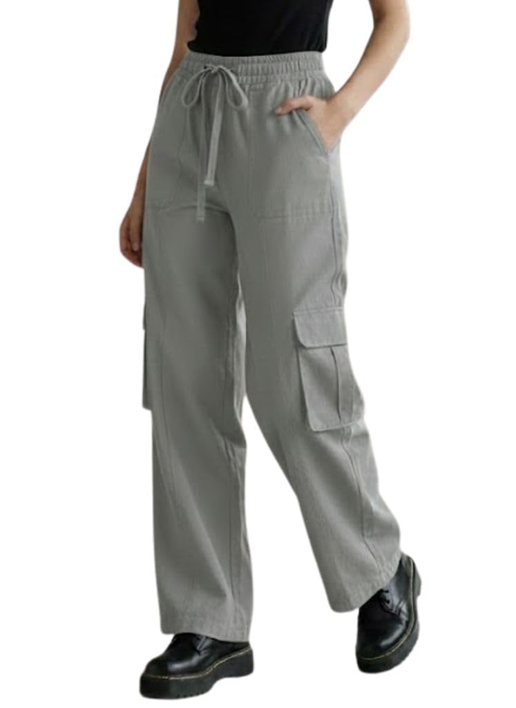 SMOWKLY Women’s High Waist Cargo Pant| Stretchable Cotton Blend Utility Pants for Women | Baggy Fit Multi Pocket Casual Streetwear Pants
