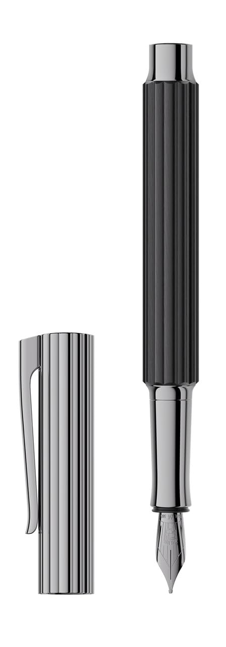 Graf von Faber-Castell Füllfederhalter Ebenholz, Schwarz Ruthenium, Feine Feder, Nachfüllbar, Geschenkset mit Tintenfass und Notizbuch (Breit)