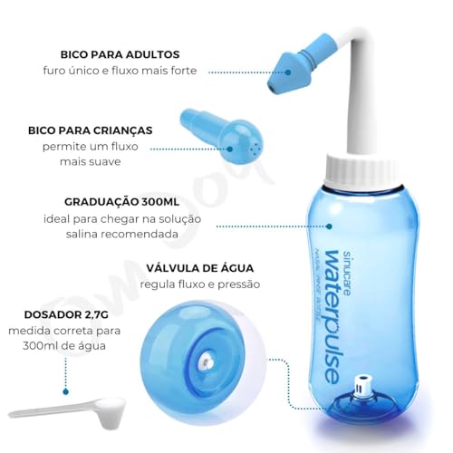 Lavador Higienizador Nasal Waterpulse 300ml | 2 Bicos (Adulto e Criança) + Mini Scoop Dosador de Sal