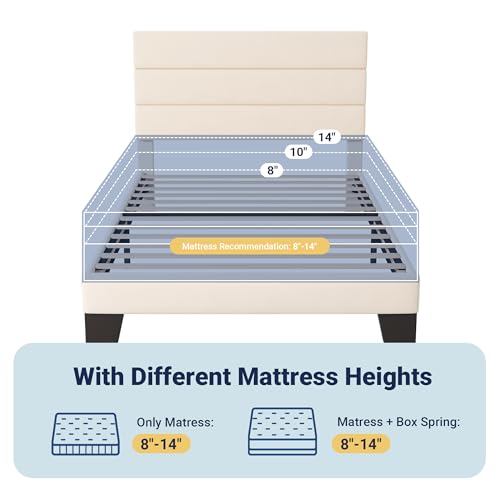 Image of Allewie Twin Size Platform Bed Frame with Fabric Upholstered Headboard and Wooden Slats Support, Fully Upholstered Mattress Foundation /No Box Spring Needed /Easy Assembly, Cream