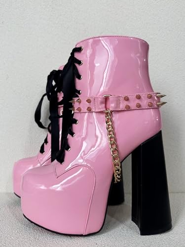 Frankie Hsu Ladies Sexy Chunky Platform Ankle High Heeled Bootie, Cute Lovely Pink Patent Gold Chain Rivets Lollita Goth Boot, Big Large Size US5-19 Shoes For Women Men3