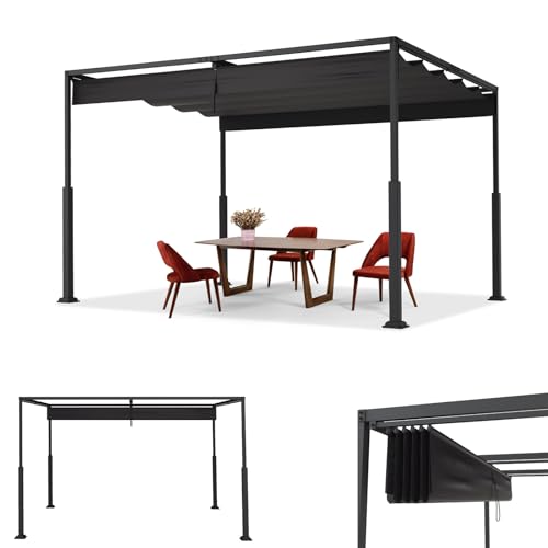 ACXIN Pergola con tetto apribile, tetto in acciaio, impermeabile, 160 g, in poliestere rivestito in PA, gazebo da giardino autoportante con protezione solare regolabile (nero, 3 x 4 m)