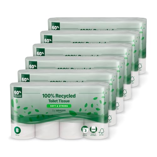 by Amazon Toilettenpapier, 3-lagig 100 % Recycelt, Weich und Stabil, 48 Rollen (8 Rollen, 6-er Pack), 200 Blätter pro Rolle, FSC-Zertifiziert