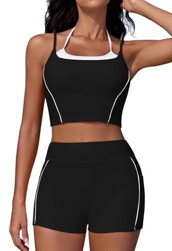 Pink Queen High Waisted Bikini Sets for Women Sporty Two Piece Swimsuits Color Block Bathing Suits 2025 with Pockets