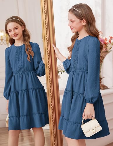 GRACE KARIN Girls Long Sleeve Fall Dress Casual Party Teen Swiss Dot Ruffle Tiered Lace Dresses for 7-14 Years2