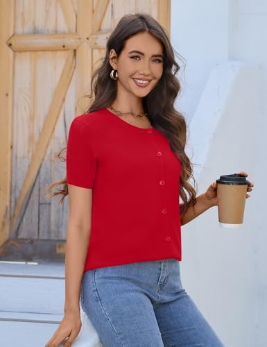 Image of FreshNight Women's 2025 Short Sleeve Cardigan Button Up Hollowed Out Crewneck Shrug Sweaters Knit Sweater Tops Lightweight