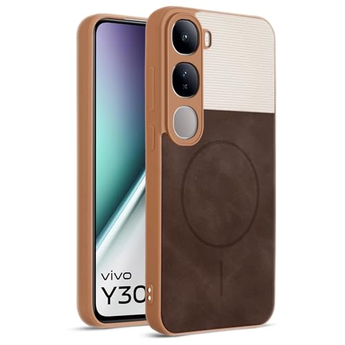 Image of Bintage case Dual-Leather Macc-Safe Design Phone Case| Soft Touch Finish | Full Camera Protectection Back Cover Compatible for Vivo V2416 / vivo Y300 5G - White & Choco Brown