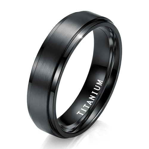 Jstyle Titanium Wedding Band Ring for Men and Women 6mm Comfort Fit, Matte Brushed Finish Polished Edge, Black Engagement Promise Anniversary Ring Size 10