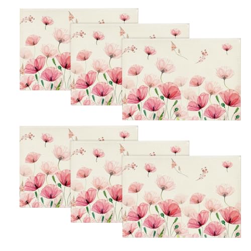 Artoid Mode Lot de 6 sets de table, motif feuilles de coquelicot printanier, 30 x 45 cm, lavables, pour banquet d'été, cuisine, décoration de fête