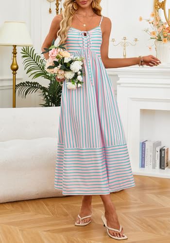Image of Fashionme Womens Summer Maxi Dresses 2026 Trendy Striped Vacation Boho Beach Spaghetti Strap Sundress Back Tie with Pockets