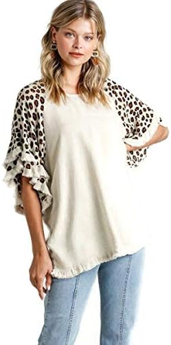 Umgee Women's Animal Print Layered Bell Sleeve Tunic Top (1X, Oatmeal)