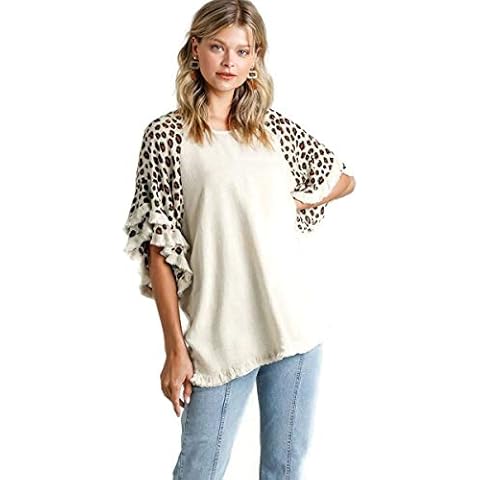 Umgee Women's Animal Print Layered Bell Sleeve Tunic Top (Small, Oatmeal) Cover
