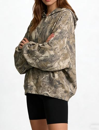 Image of Dsewpaur Camo Hoodie For Women Oversized Long Sleeve Drop Shoulder Fleece Hooded Sweatshirt Pullover With Pocket Outfits