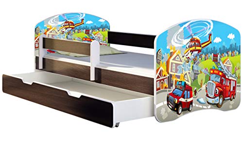 ACMA Kinderbett Jugendbett mit Einer Schublade und Matratze Wenge mit Rausfallschutz Lattenrost II 140x70 160x80 180x80 (36 Feuerwehr, 160x80 + Bettkasten)