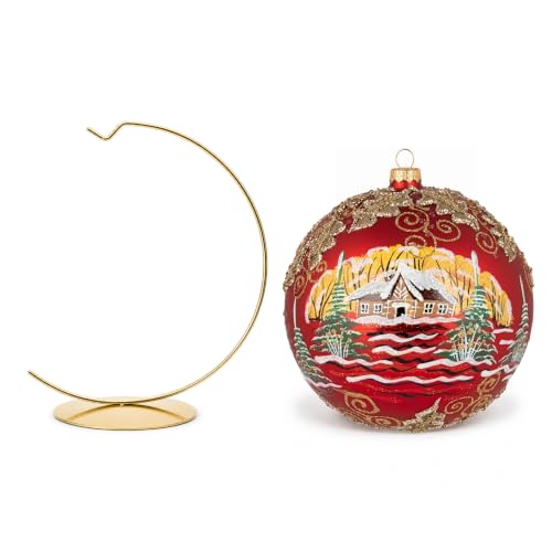 Hand Blown Glass Christmas Ornaments Ball, Gilded Mistletoe Red 8in + Stand