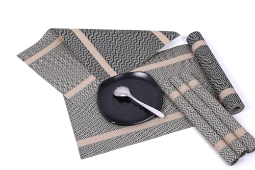 Image of Dining Table Placemats & Runner Set - Heat Resistant, Washable & Stain Resistant Woven Vinyl Mats | Table Runner & 4 Placemats Set for Stylish Dining (45x30 cm Placemats, 180x30 cm Runner)