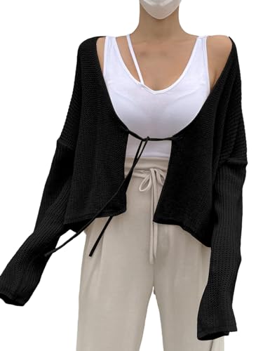 Image of Floerns Women's Drop Shoulder Tie Front Cardigan V Neck Long Sleeve Solid Sweater