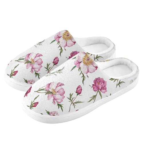 JUNZAN Vintage Peonies White Women Home Cotton Slippers Wide Memory Foam Bedroom Slippers for Spa Christmas Presents 6-74