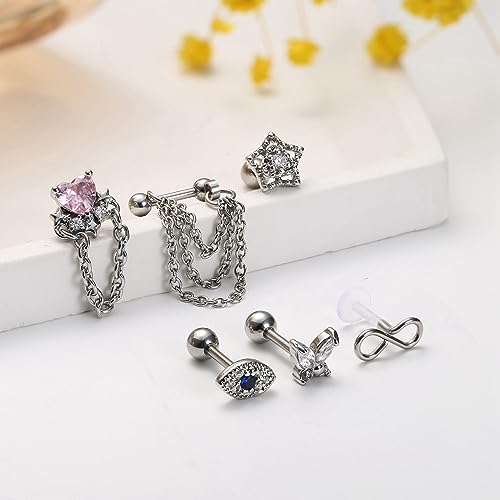 YADOCA Hypoallergenic Conch Piercing Jewelry 16G Helix Tragus Daith Piercing Jewelry Conch Earring Cartilage Earrings for Women Men CZ Stud Hoop Earring 316L Stainless Steel 26 Pcs 6