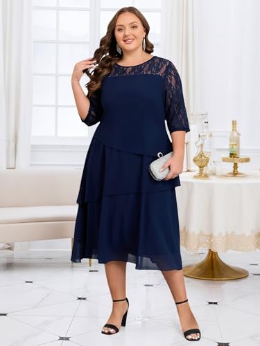 ZNU Plus Size Wedding Guests Dresses for Women 2025 Summer Lace 3/4 Sleeve Chiffon Dress Tiered Layered Flowy Midi Dress2