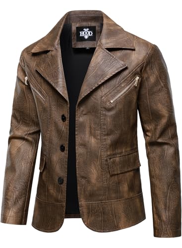 HOOD CREW Mens Casual Leather Blazer Vintage Lightweight Coat Button