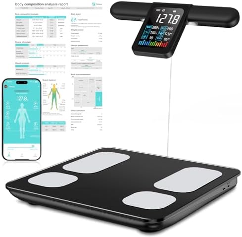 Körperfettwaage mit Handsensoren, Körperanalysewaage mit App und VA-Digitalanzeige, Waage mit Körperfett und Muskelmasse, Personenwaage mit Körperfettanalyse für 28 Messwerten