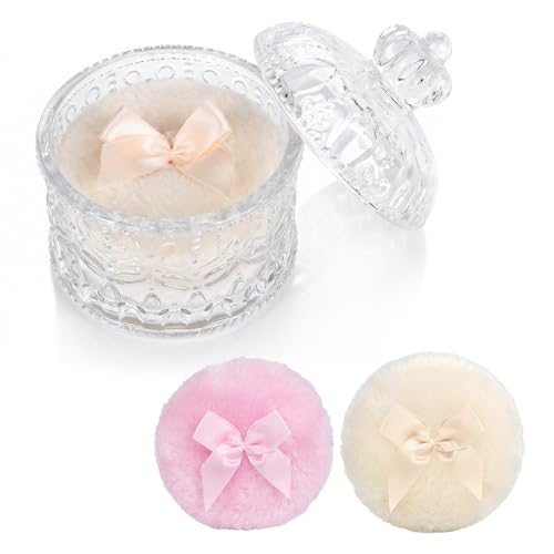 Large Body Powder Puff and Container Glass Jar Dusting Powder Container with Puff Soft Reusable Velour Face Body Wet Dry Makeup