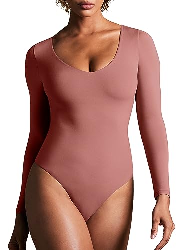 Image of IUGA Bodysuits for Women Tummy Control Body Suits for Womens Compression Slimming Thong Bodysuit V Neck