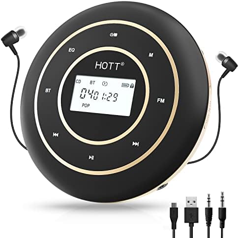 HOTT C105 Portable CD Player Bluetooth and FM Transmitter Rechargeable Compact CD Player with Touch Buttons Backlit Display Black