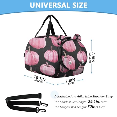 YETTASBIN Sport Travel Duffel Bag for Girls Boys, Pink Pumpkin Large Waterproof Weekender Overnight Bag, Detachable Shoulder Strap Gym Bag with Shoe Compartment & Wet Pocket3